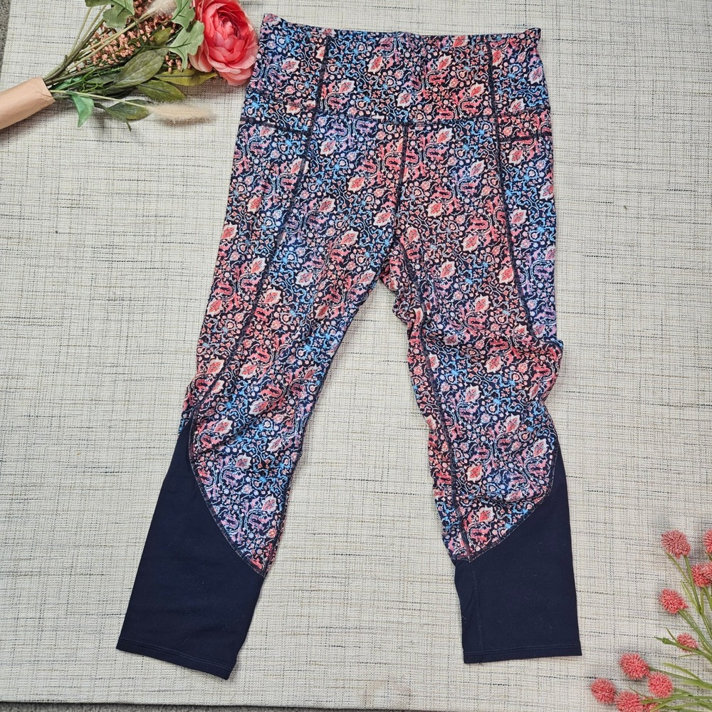 5/$25 Athleta Womens Tapestry Chaturunga‎ Crop Leggings Blue Pink Navy Size M